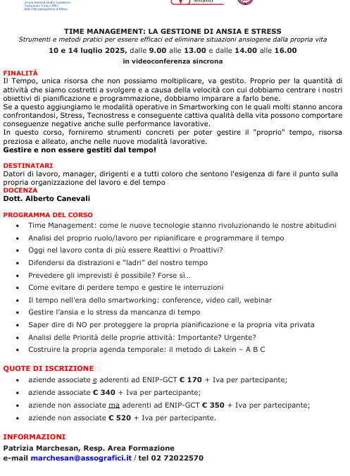 Time management: la gestione di ansia e stress – 10 e 14 luglio CORSO ONLINE