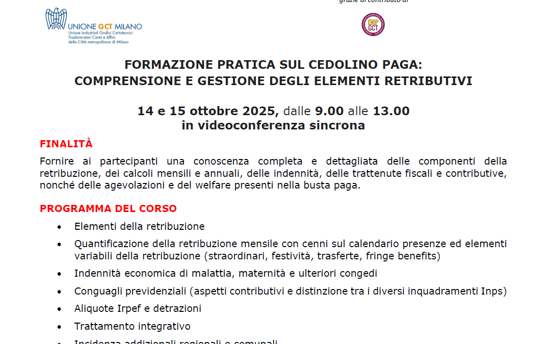 14 – 15 ottobre – Corso ONLINE Formazione pratica sul cedolino paga: comprensione e gestione degli elementi retributivi