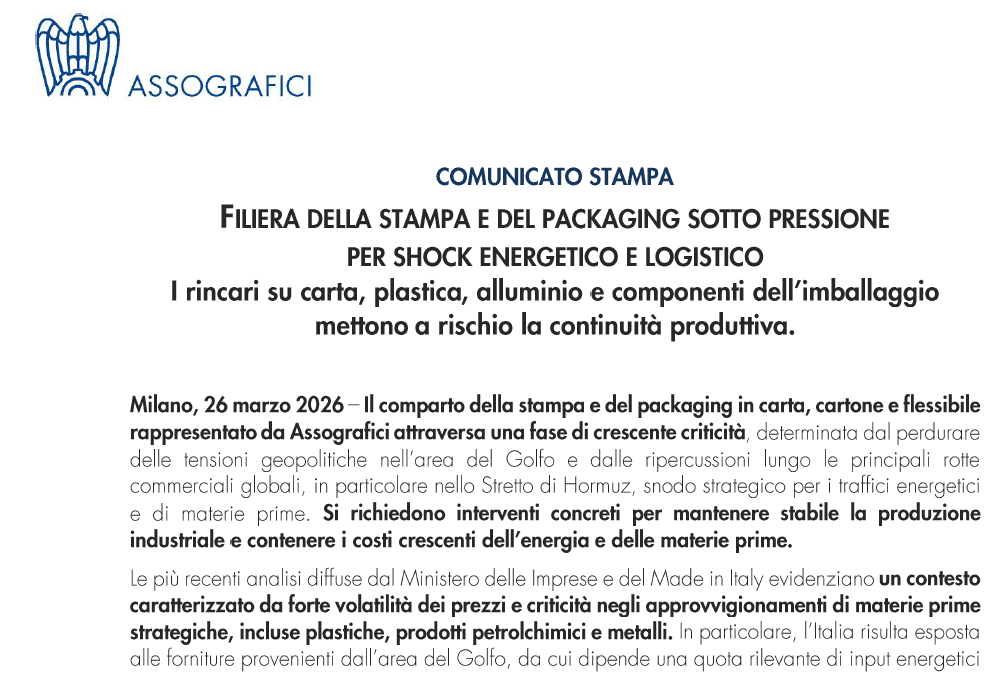 Filiera stampa e packaging sotto pressione per shock energetico e logistico